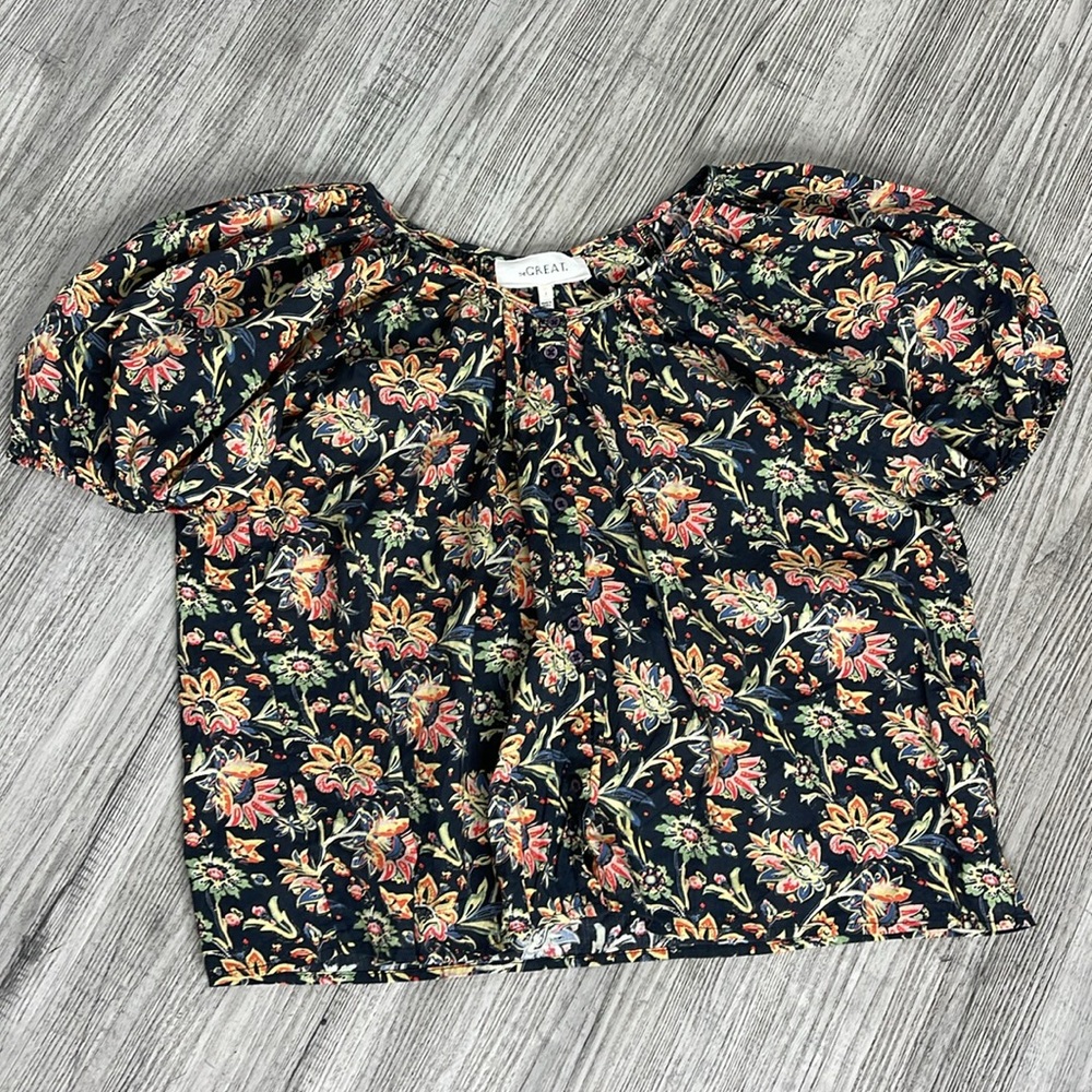 THE GREAT Black red floral cotton short sleeve blouse size1